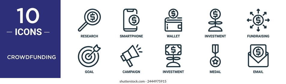 conjunto de iconos de esquema de crowdfunding incluye investigación de línea delgada, smartphone, cartera, inversión, recaudación de fondos, objetivo, iconos de campaña para informe, presentación, diagrama, Diseño web