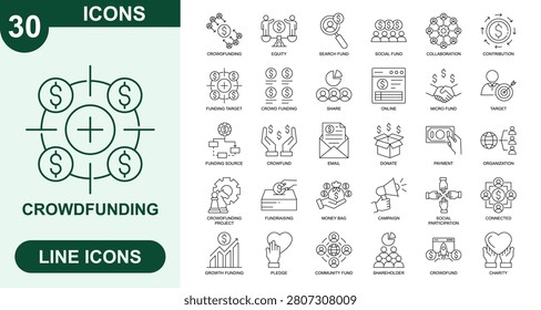 Crowdfunding, Outline Vector Icons. Editable Stroke Icons Set. crowdfunding, equity, search fund, social fund, collaboration, contribution, funding target, crowd funding, share, online, micro fund, target, funding source, crowdfund, email, donate and more.