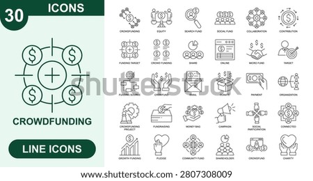 Crowdfunding, Outline Vector Icons. Editable Stroke Icons Set. crowdfunding, equity, search fund, social fund, collaboration, contribution, funding target, crowd funding, share, online, micro fund, target, funding source, crowdfund, email, donate and more.