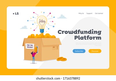 Crowdfunding Philanthropy Landing Page Template. Tiny Female Character Insert Golden Money Coins at Huge Box with Glowing Lightbulb Sponsoring Business Start Up Project. Cartoon Vector Illustration