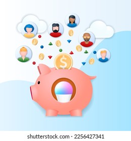 Banner de la plataforma de crowdfunding. Gente poniendo dinero en el banco de cerdo. Concepto de inversión de emprendimiento. Ilustración de vector web en estilo 3D