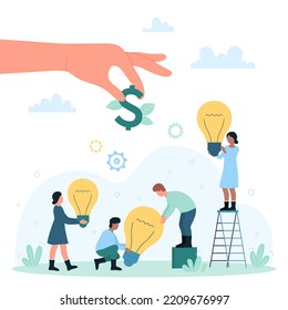 Crowdfunding platform, charity and investing in business ideas and creative venture vector illustration. Cartoon hand of businessman and investor giving dollar sign to tiny people holding light bulbs
