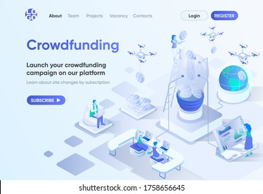 Crowdfunding Plattform isometrische Landing Page. Crowdsourcing und alternative Finanzierung. Geldbeschaffung für Geschäftsprojektvorlagen für CMS und Website Builder. Ich habe eine Szene mit Menschen Charaktere.