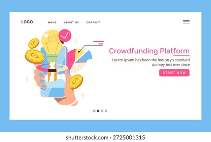 Crowdfunding-Plattform Vektorgrafik mit einer Hand, die Symbole für Wachstum und Investitionen wie eine Glühbirne und Münzen hält. Dieses kreative digitale Konzept betont die Finanzinnovation.
