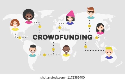 Crowdfunding platform. World map. Millennial backers. Money. Finance. Flat editable vector illustration, clip art