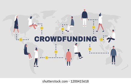 Crowdfunding platform. World map. Millennial backers. Money. Finance. Flat editable vector illustration, clip art