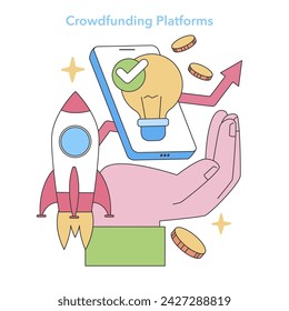 Crowdfunding Platforms concept. Visualizes the support of innovative projects through online funding, propelling ideas to success. Flat vector illustration