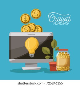 crowdfunding poster of desktop computer with light bulb in screen and coins on top and plant pot and coins in bottle in blue background vector illustration