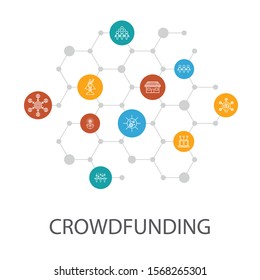 Crowdfunding presentation template, cover layout and infographics. startup, product launch, funding platform, community icons