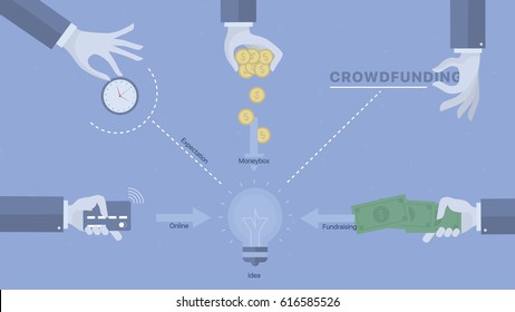 Crowdfunding process background. Concept business vector for investing into ideas, creative innovative work, growing business. Flat illustration with thin broken line.