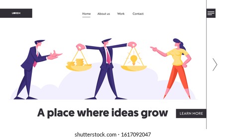 Crowdfunding, Profitable Idea Website Landing Page. Businessman and Businesswoman Stand at Scales with Money Coins and Glowing Light Bulb on Scalepans Web Page Banner. Cartoon Flat Vector Illustration