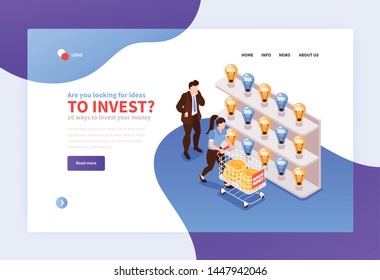 Crowdfunding project choosing for money investment concept isometric symbolic horizontal web banner with ideas shopping vector illustration 