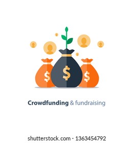 Crowdfunding project, fundraising campaign, money donation, charity fund, money bags, income growth, vector flat icon