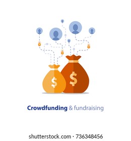 Crowdfunding project, fundraising campaign, money donation, charity fund, money bag, crowd sourcing concept, vector flat icon