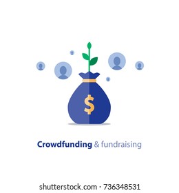 Projeto de crowdfunding, campanha de angariação de fundos, doação de dinheiro, fundo de caridade, bolsa de dinheiro, crowdsourcing, crescimento de renda, ícone plana vetor