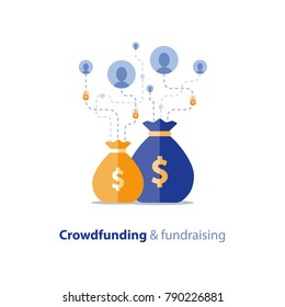 Crowdfunding Project, Fundraising Campaign, Money Donation, Charity Fund, Money Bag, Vector Flat Icon