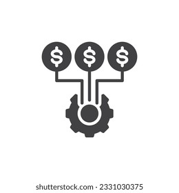 Icono vectorial del proyecto de crowdfunding. El dinero en dólares y los aparejos llenaron la señal plana para el concepto móvil y el diseño web. Icono de glifo de innovación de fondos colectivos. Símbolo, ilustración del logotipo. Gráficos vectoriales