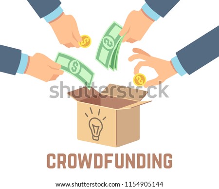 Crowdfunding. Public contribution money, donor venture and crowdsourcing vector concept. Project funding, investment and support finance illustration