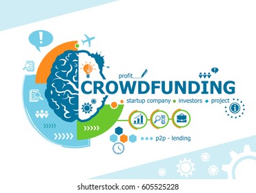 Crowdfunding related words and brain concept. Infographic business. Project for web banner and creative process.