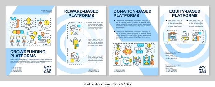 Crowdfunding services blue brochure template. Investing platforms. Leaflet design with linear icons. Editable 4 vector layouts for presentation, annual reports. Arial, Myriad Pro-Regular fonts used