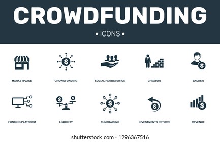 Crowdfunding set icons collection. Includes simple elements such as Marketplace, Creator, Backer, Funding platform and Fundraising premium icons.