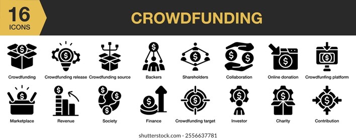 Crowdfunding solid icon set. Includes backers, shareholders, collaboration, online donation, finance, charity, investor, and More. Solid icons vector collection.