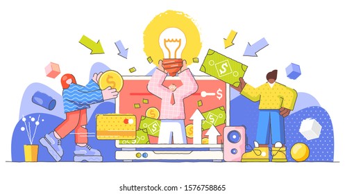 Crowdfunding and starting business campaign, creative big limbs character concept vector illustration. Seed investment round for company growth and fund rising. Online social support platform web app.
