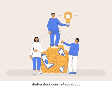 Crowdfunding. Startup idea. Fundraising concept. People with moneybox. Donation event. Venture capital investments round metaphor. Vector flat illustration.