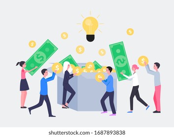 Crowdfunding or startup investment concept with cartoon people characters flat vector illustration isolated on white background. Project to donate money and support ideas.