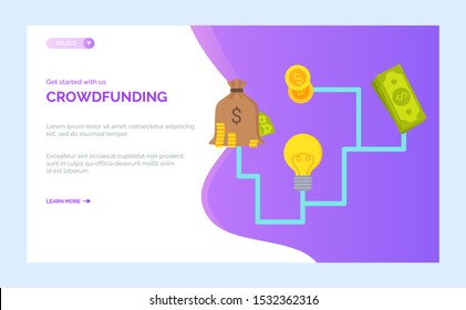 Crowdfunding strategy and idea, technology of payment, bank app, platform coins and dollars flat design style, investment project online vector. Website or webpage template, landing page flat style