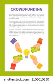 Crowdfunding strategy text vector illustration with human hands icons and bulb, currencies dollar sign and golden coins, money investment process