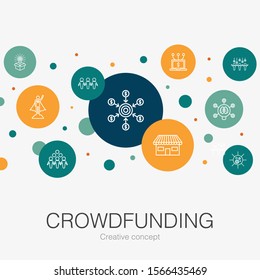 Crowdfunding trendy circle template with simple icons. Contains such elements as startup, product launch, funding platform, community