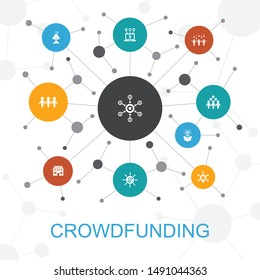 Crowdfunding trendy web concept with icons. Contains such icons as startup, product launch, funding platform, community