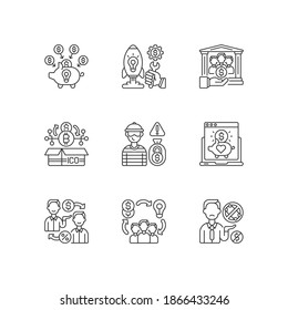 Crowdfunding types linear icons set. Funding people ideas by raising small amounts of money. Customizable thin line contour symbols. Isolated vector outline illustrations. Editable stroke