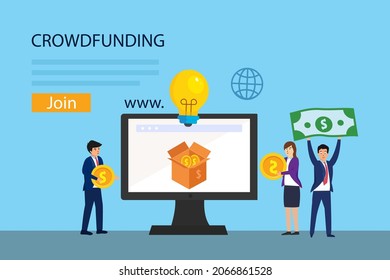 Crowdfunding Vector Concept. Group Of People Holding Money While Standing With Crowd Funding Text On Computer