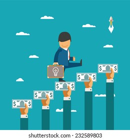 Crowdfunding vector concept with hands holding money like ladder of success