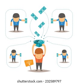 Crowdfunding vector concept with man collecting money in box