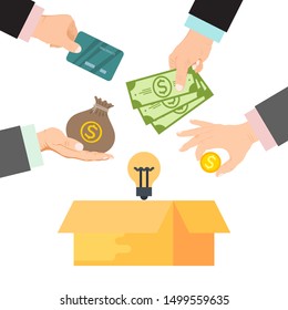 Crowdfunding vector illustration. Cardboard box surrounded by hands with money, bag of money and credit cards. Funding project by donated money