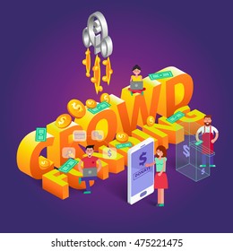 Crowdfunding vector illustration. Charity concept with people that subscribe or donate money for startup project using various gadgets. Contribution image in isometric view