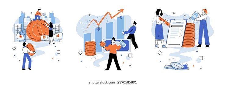 Financiamiento colectivo. Ilustración vectorial. Las donaciones contribuyen al crecimiento economía creativa en las campañas de crowdfunding exhiben ideas innovadoras El respaldo financiero valida la demanda del mercado