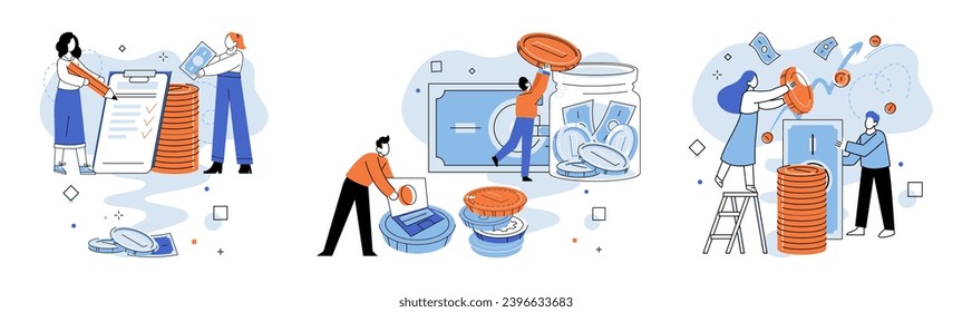 Crowdfunding. Vector illustration. Crowdfunding enables individuals to be part journey from ideto realization Financial support fuels further innovation and research in crowdfunding Donations