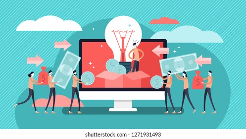 Crowdfunding vector illustration. Startup investment with flat tiny persons concept. Online service project to donate, support or collective raise money for new ideas. Entrepreneur business strategy.