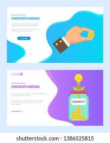 Crowdfunding, vector money tree growing from glass jar, dollar of usa, stable currency in businessman hands. financial assets donation investment. Website or webpage template, landing page flat style