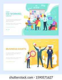 Crowdfunding vector, people with ideas business giants hipster animals. Cozy coworking center working characters in office laptop coding. Website or webpage template, landing page flat style