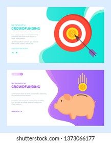 Crowdfunding vector, pig for money saving investments and target with arrow hit in bullseye. Golden dollar dime falling in ceramic piggy. Website or webpage template, landing page flat style