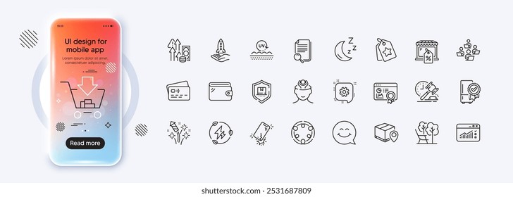 Crowdfunding, Wallet and Search file line icons for web app. Phone mockup gradient screen. Pack of Seo certificate, Smile face, Deckchair pictogram icons. Vector