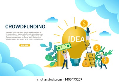 Crowdfunding web banner template. Vector illustration of business people putting money into light bulb. Financial investment in business startup, new ideas concept for website page etc.
