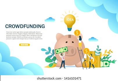 Crowdfunding web banner template. Vector illustration of business people putting money into piggy bank. Fundraising, new ideas investing concept for website page etc.