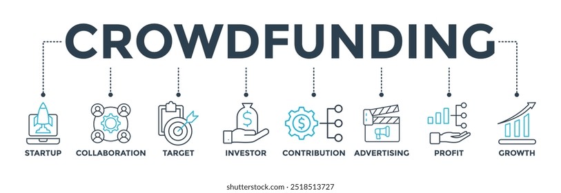 Crowdfunding Web-Symbol Vektorgrafik-Konzept mit Symbol für Start-up, Zusammenarbeit, Ziel, Investor, Beitrag, Werbung, Gewinn, Wachstum 
