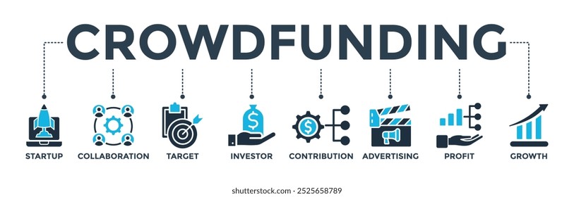 Concepto de Ilustración vectorial de ícono de Web de crowdfunding con ícono de inicio, colaboración, objetivo, inversor, contribución, publicidad, ganancias, crecimiento 
